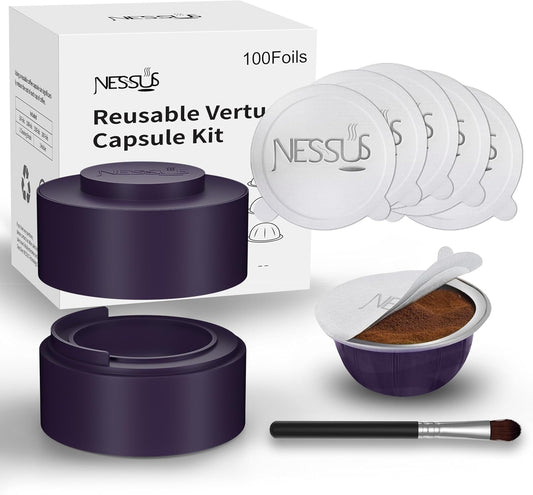 Nessus Reusable Vertuo Capsule Kit, [ALSeal EZ FIT] for Refillable Pods with 100 Pcs Aluminum Foil Seal Lids, Holder, Brush, for Refilling Vertuo Pods Reusable Vertuoline Pod(Purple)