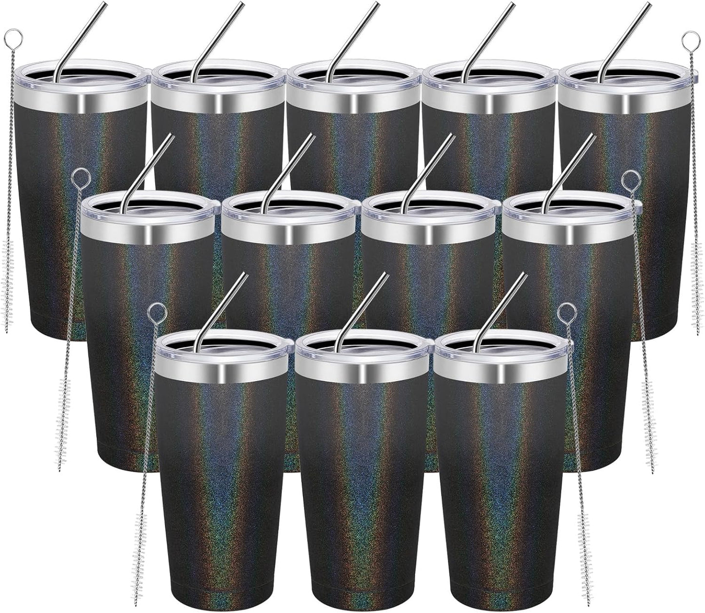 MEWAY 20oz Tumbler 12 Pack Double Wall Vacuum Insulated Travel Glitter Mug Bulk, Stainless Steel Tumblers with Lid and Straw, Powder Coated Coffee Cups for Woman(Gradient Black,Set of 12)