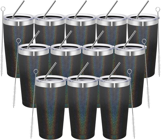 MEWAY 20oz Tumbler 12 Pack Double Wall Vacuum Insulated Travel Glitter Mug Bulk, Stainless Steel Tumblers with Lid and Straw, Powder Coated Coffee Cups for Woman(Gradient Black,Set of 12)