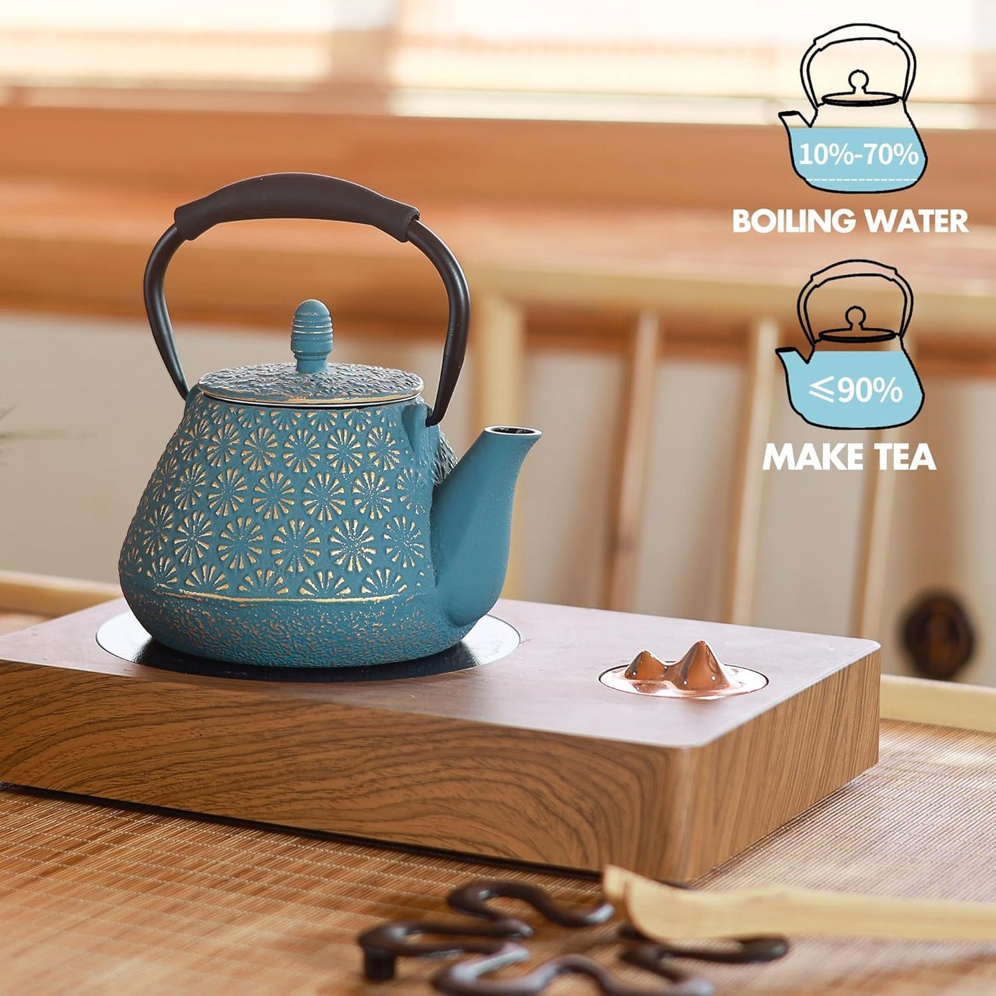 Cast Iron Teapot, 32oz Tea Kettle with Infuser for Stove Top, Sakura Blossom Pattern Japanese Tea Pot for Tea & Coffee Coated with Enameled Interior, Silicone Handle 950ml Blue