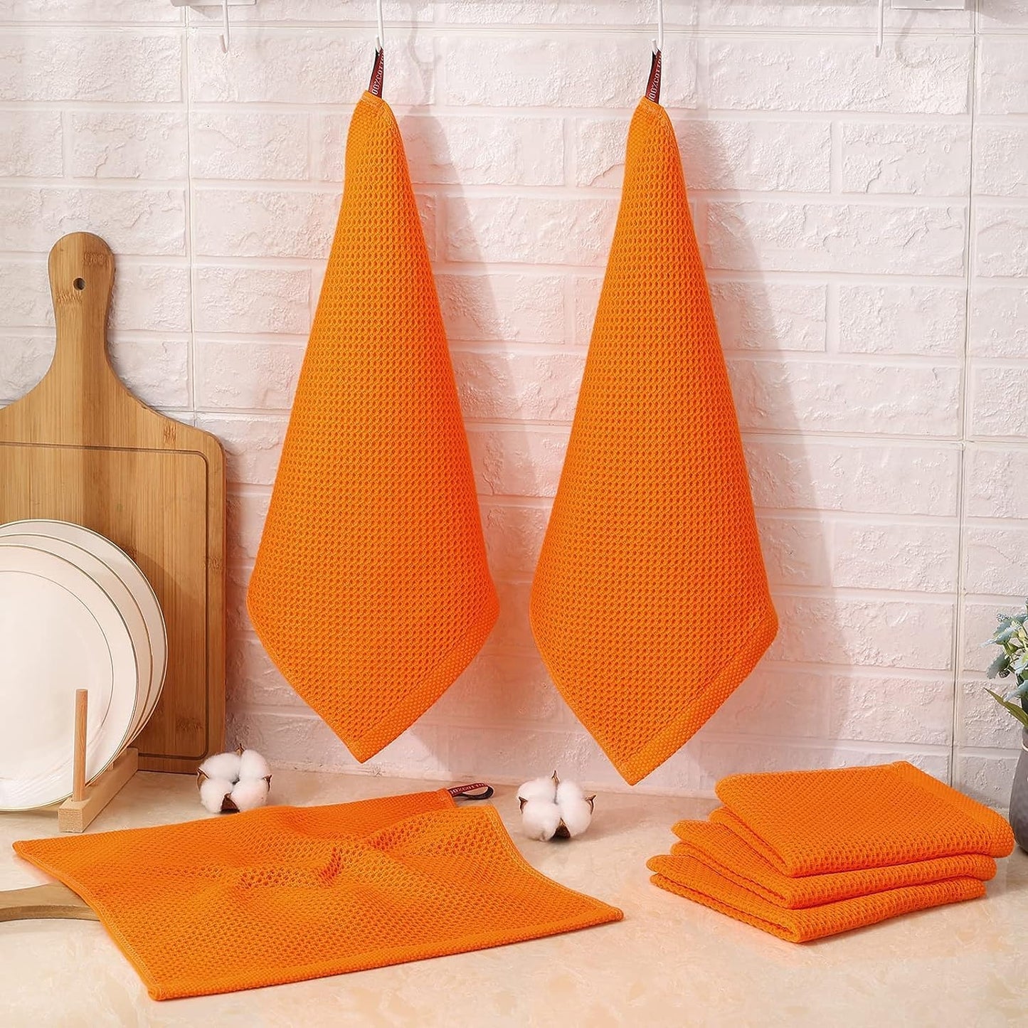 Kitinjoy 100% Cotton Kitchen Dish Cloths, 12 Pack Waffle Weave Ultra Soft Absorbent Dish Towels for Drying Dishes Quick Drying Kitchen Towels Dish Rags, 12 X 12Inch, Orange