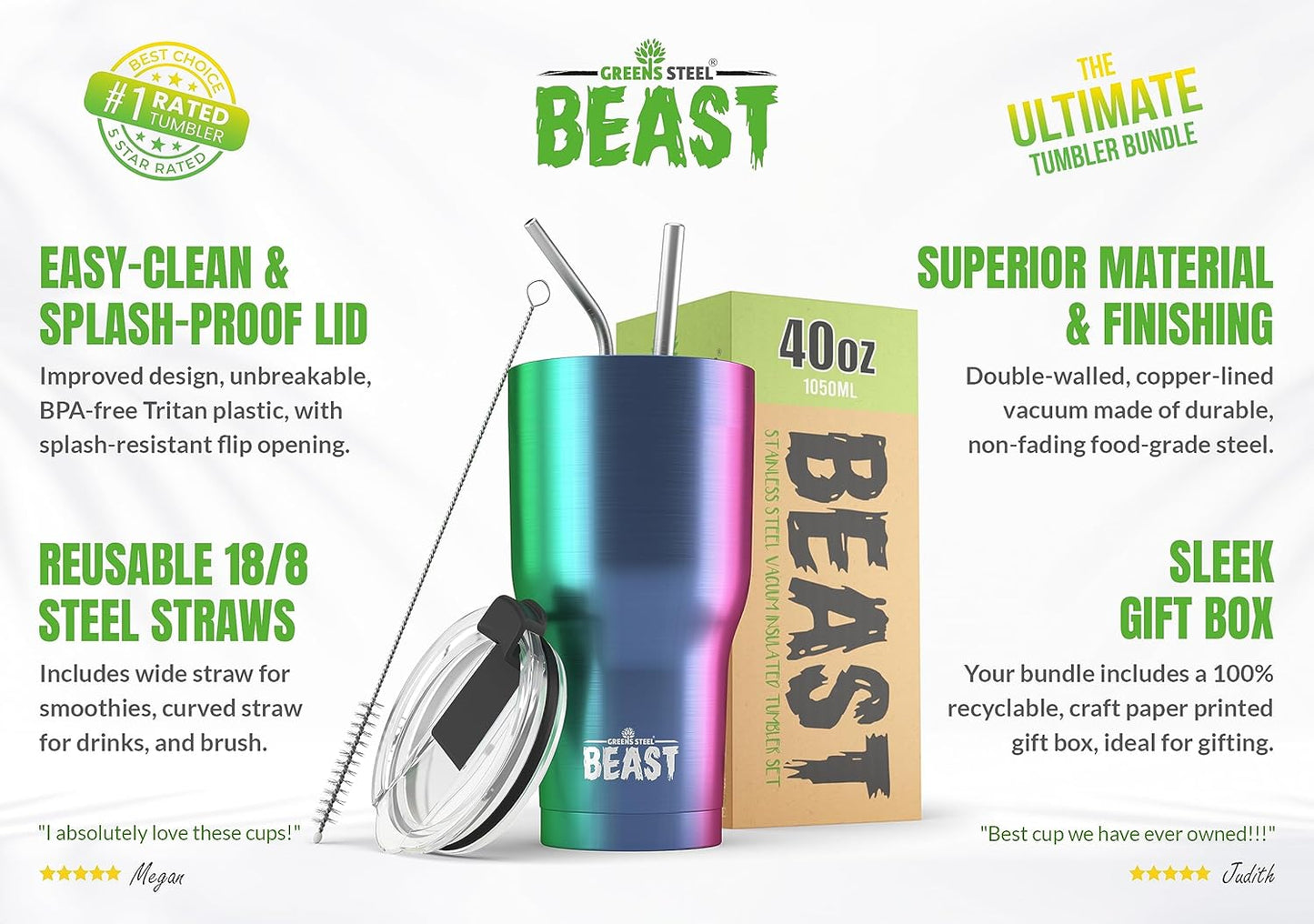 Beast 40 oz Tumbler Stainless Steel Vacuum Insulated Coffee Ice Cup Double Wall Travel Flask (Rainbow)