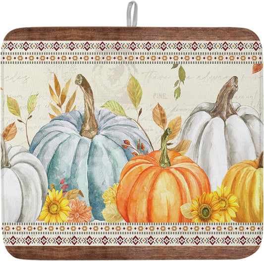 Fall Dish Drying Mat for Kitchen Counter Pumpkin Drying Pad Absorbent Drying Mats for Countertops Sinks Draining Racks Sunflower Eucalyptus Leaves Drainer Holiday Harvest Thanksgiving Decor 16x18
