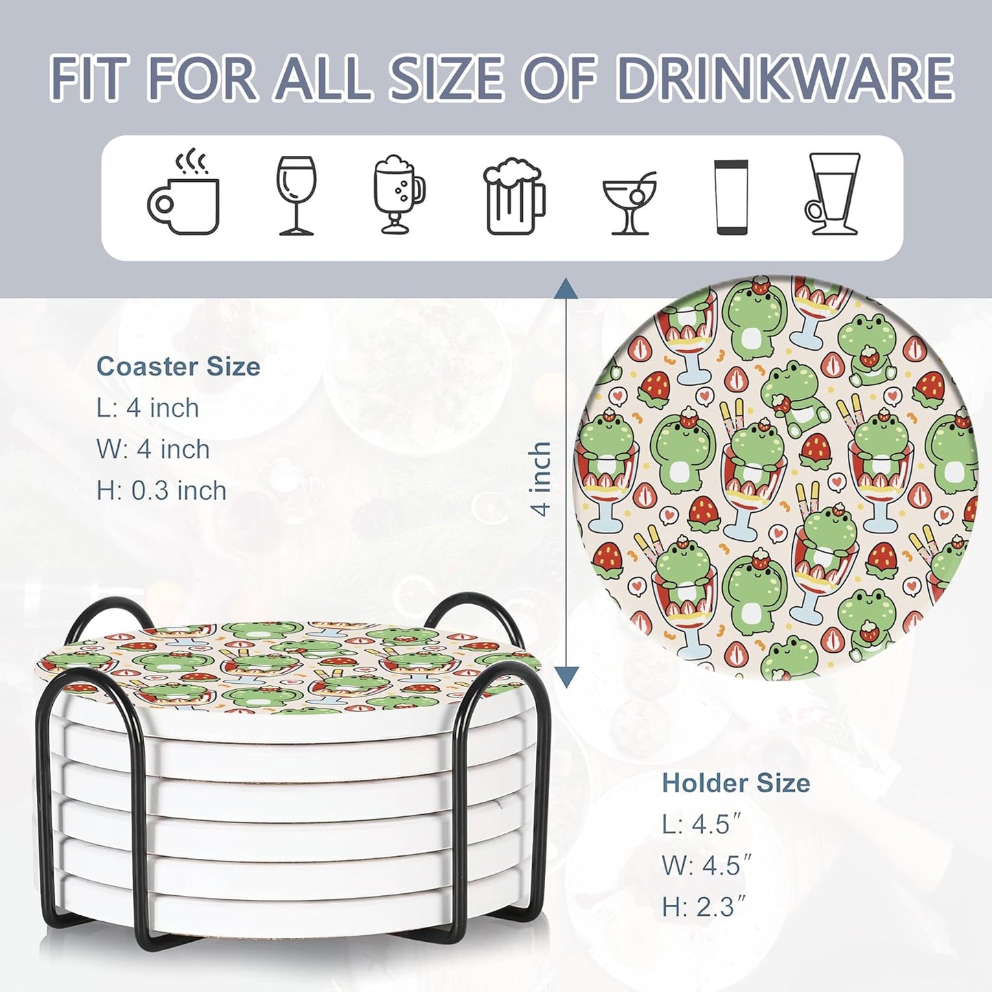 6 Pcs Coasters for Drinks with Holder, Cute Frog Absorbent Ceramic Coasters with Cork Base,Cute Funny Table Drinks Coasters Tabletop Protection Mat,Table Home Decor,4 Inches