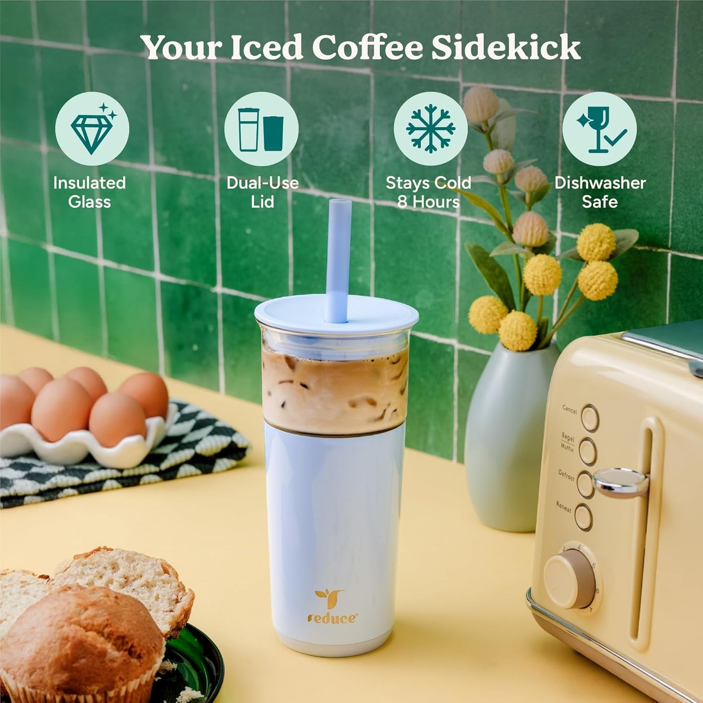 REDUCE Aspen 20 oz Vacuum Insulated Glass Tumbler with Lid & Extra Wide Straw - Keeps Drinks Cold for 12 Hrs - Ideal for Iced Coffee, Smoothies & Boba - Dishwasher Safe, Soft Base - French Vanilla