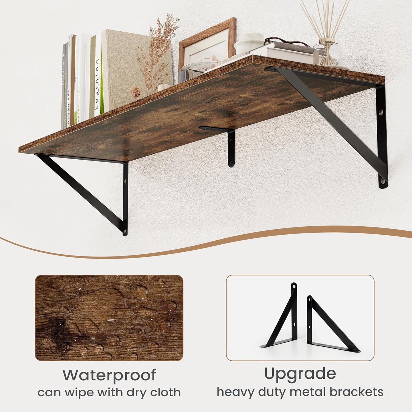 Heimlove Deep Floating Shelves for Wall, 32W x 8D Wood Wall Shelves Set of 2, Wide Floating Bookshelf for Living Room, Kitchen, Office, Bedroom and Decor Storage, with Metal Bracket - Rustic Brown