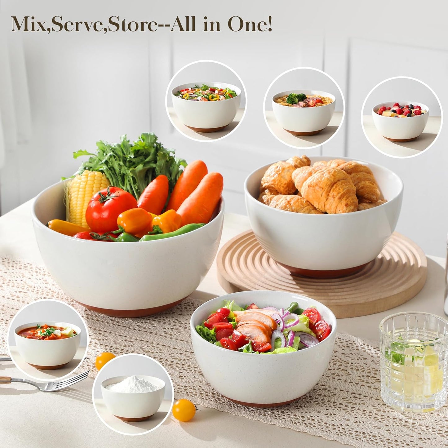 MALACASA Ceramic Mixing Bowls, Large Serving Bowls for Mixing, Cooking, Prepping, Baking, Salad, Soup, Pasta, Nesting Bowls Set of 3, 4.38/2.5/1.44 Qt, Oven, Microwave and Dishwasher Safe, Series TARA