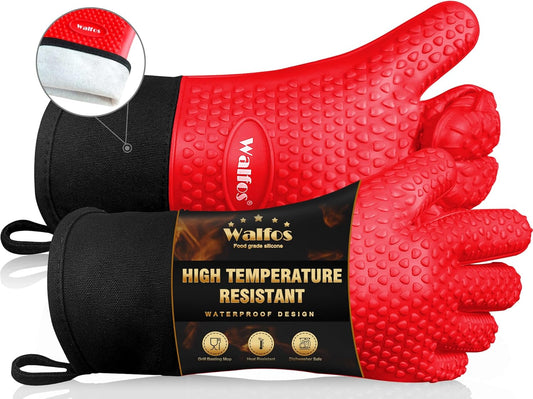 Walfos Silicone BBQ Gloves - Heat Resistant Grilling Gloves, Premium Non-Slip Kitchen Silicone Oven Mitt with Protective Cotton Layer Inside, Waterproof, Great for Grilling, Kitchen and Cooking, Red
