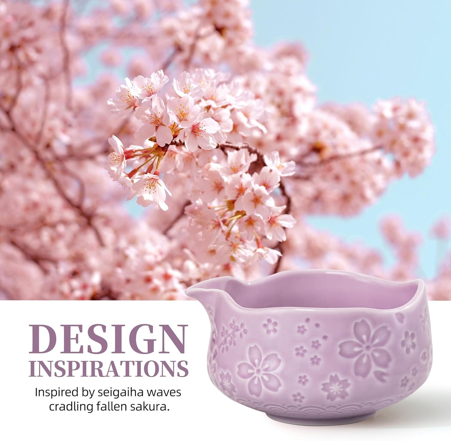 TEANAGOO 7-PCS Purple Matcha Whisk Set with Cherry Blossom Design, Complete Ceremony Kit, Ceramic Chawan Bowl with Spout, Whisk & Accessories, Traditional Matcha Tea Set for Lattes& Gift Giving