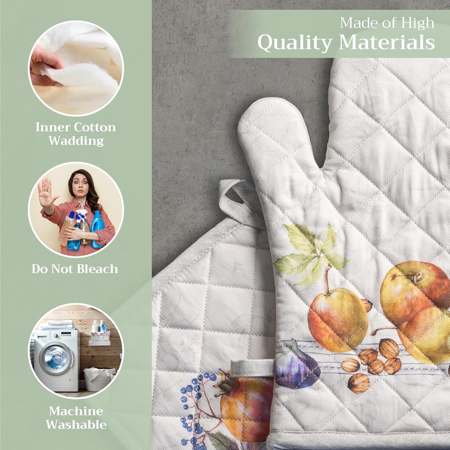 Maison d' Hermine 100% Cotton Oven Mitt & Pot Holder Set (7.5"x13" & 8"x8") Heat Resistant BBQ Cooking Gloves with Loop, Baking, Grilling, Kitchen, Handling Hot Pans (Fruit D'Hiver)