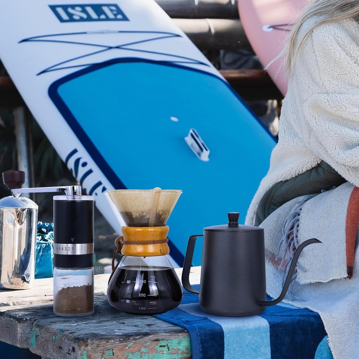 SOTECH Pour Over Coffee Maker Set Portable Pour Over Set-Manual Coffee Grinder Heatproof Glass Coffee Dripper for Traveling Camping