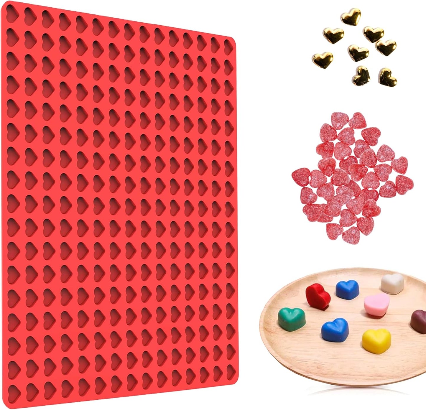 255 Cavities Mini Hearts Mold - 15.4" x 10.9" Mini Heart Silicone Mold for Making Candies, Chocolates and Gummies - Red Heart Ice Cube Tray with Easy Demolding, Flexible & Durable Heart Molds Silicone