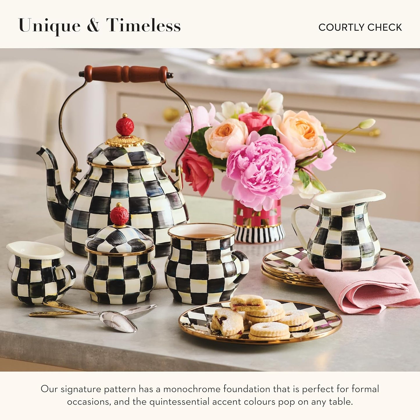 MACKENZIE-CHILDS Enamel Tea Kettle, Stylish Tea Kettle for Stovetop, Black-and-White Courtly Check, 3 Quarts