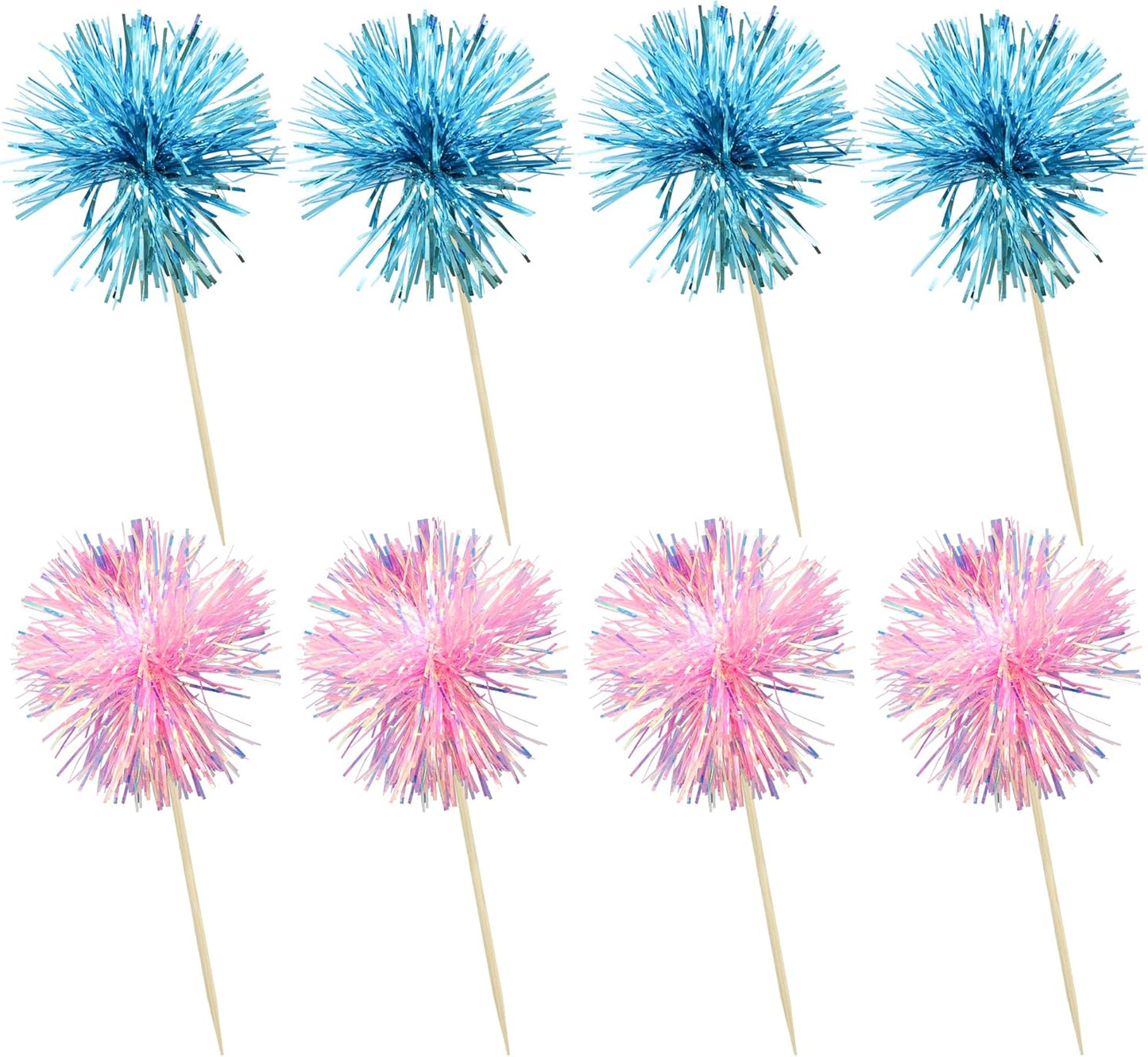 Ephlyn 30Pcs Foil Firework Cupcake Toppers Sparkle Tinsel Cupcake Picks Happy Birthday Cake Decorations Drink Stirrers Cocktail Food Toothpicks for Baby Shower Graduation Party Supplies Blue Pink