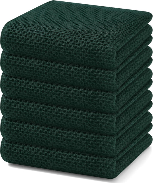 Homaxy 100% Cotton Waffle Weave Kitchen Dish Towels, Ultra Soft Absorbent Quick Drying Cleaning Towel, 13 x 28 Inches, 6-Pack, Blackish Green