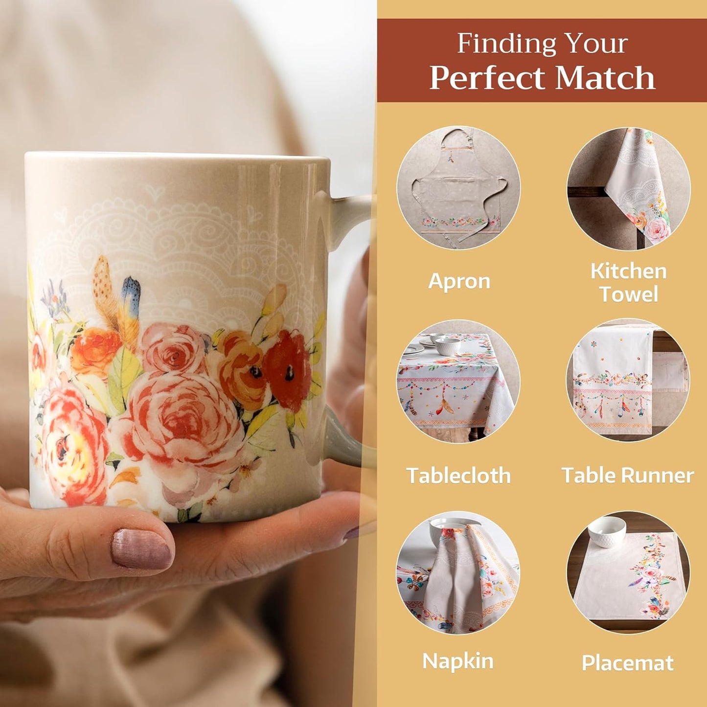 Maison d' Hermine Coffee Mug with Handles Fine Bone China Mugs Pack of One Tea Cups for Hot Beverages Cappuccino Latte Home Restaurant Office Perfect for Gift (Ibiza - Beige - Rose, 12 Ounce)