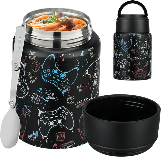 Soup Thermo for Hot Food Kids 16oz Insulated Food Jar Leakproof Thermo Lunch Container for Kids Wide-Mouth Stainless Steel Lunch Box for School with Handle Folding Spoon(3+)