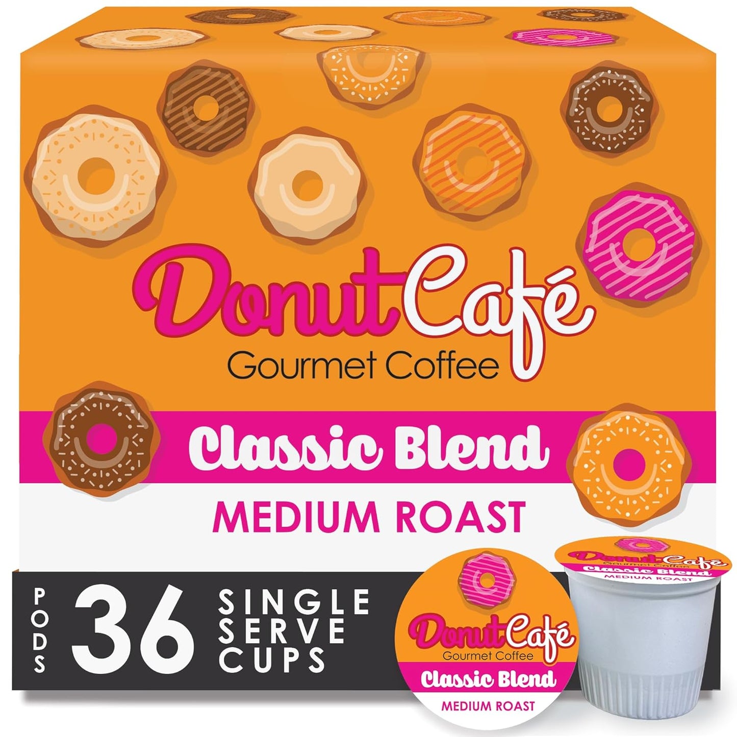 Donut Café - Coffee Gourmet Pods, Classic Blend, Medium Roast – Non-GMO, Gluten Free – Compatible with Keurig K Cup Brewers – Smooth & Delicious – 36 Count