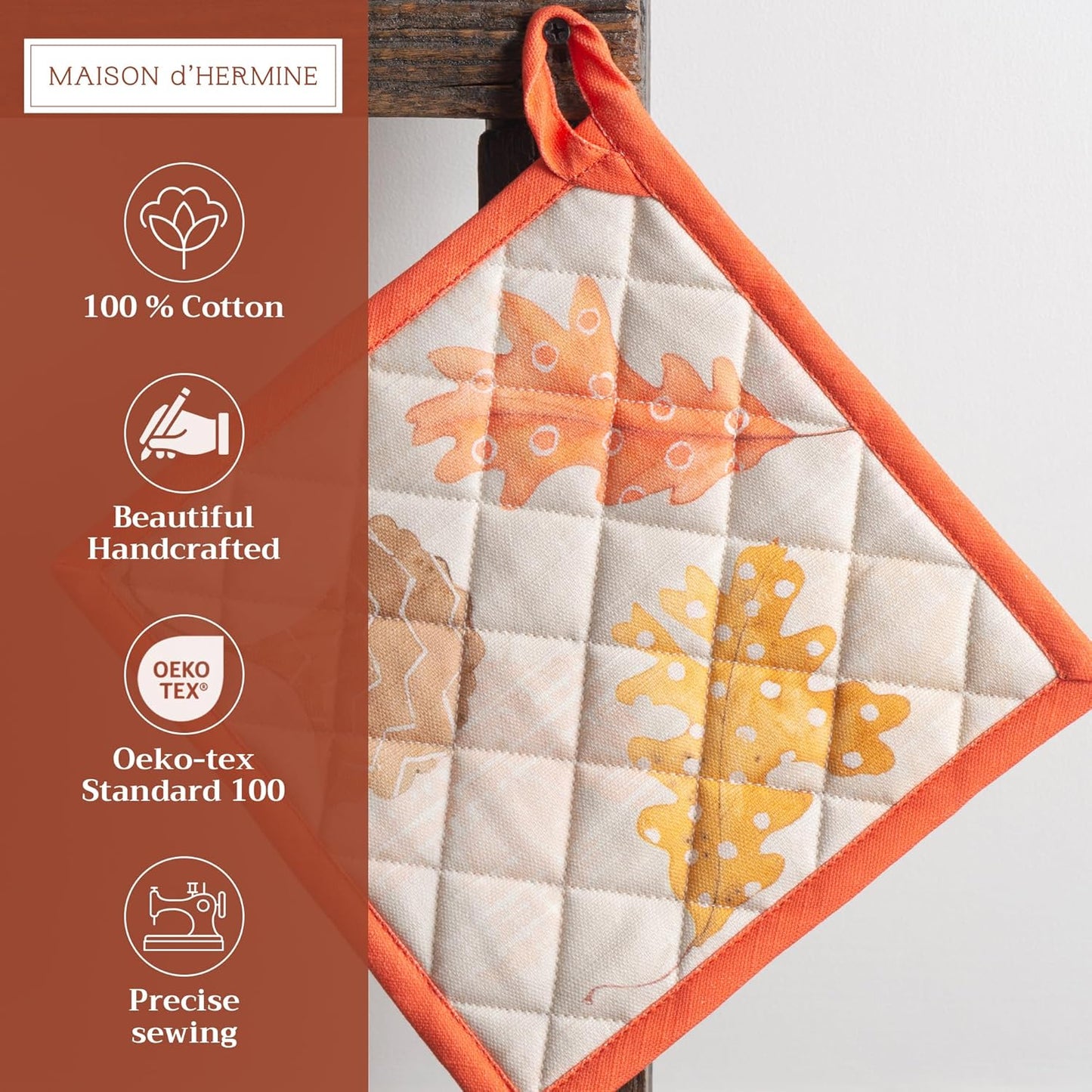 Maison d' Hermine Pot Holders Set 100% Cotton Heat Resistant Potholders 8" x 8" Hot Pads with Loop BBQ, Cooking, Baking, Grilling, Kitchen, Handling Hot Pans (Pack of 2, Colors of Autumn)
