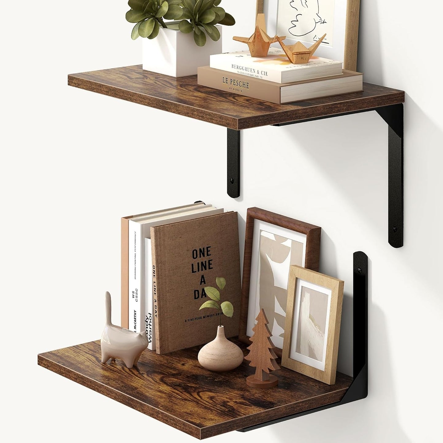 Fun Memories Rustic Brown 12 Inch Deep Floating Shelves Set of 2, Wall Mounted Shelf with Metal Brackets, Rustic Wood Wall Shelf for Bathroom, Kitchen and Living Room