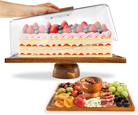 Wood-Rectangular-Cake-Stand with Acrylic Dome Lid, Wooden Cake Holder Plate with Cover, 2-in-1 Dessert Table Display Set for Party, Charcuterie Board for Cheese, Chips & Dips, Nachos, Fruit Platter