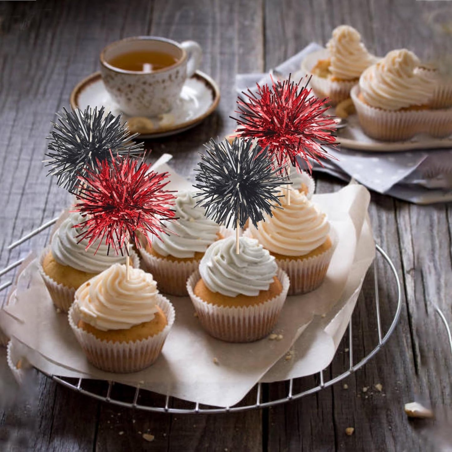 40 PCS Foil Firework Cupcake Toppers Sparkle Tinsel Cupcake Picks Fireworks Birthday Party Decorations Cocktail Fruit Toothpick for Birthday Wedding Graduation Party Decorations Supplies Black Red