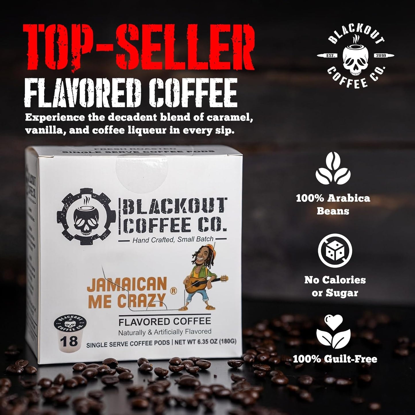 Blackout Coffee Jamaican Me Crazy Flavored Pods, Freshly Roasted in the USA - K-Cup Compatible Single-Serve Pods (18 Count)