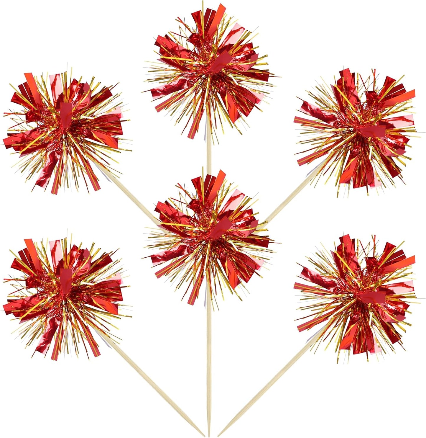 Gyufise 20Pcs Foil Firework Cupcake Toppers Sparkle Tinsel Cake Toppers Tinsel Drink Cake Decoration Cocktail Picks for Birthday Wedding Graduation Party Supplies Gold Red