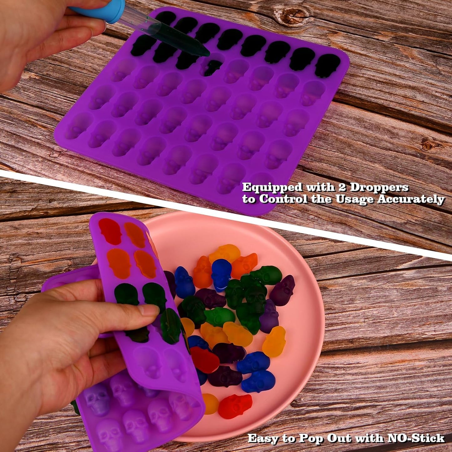 Sakolla 2 Pack Gummy Skull Candy Silicone Molds 40 Cavity Silicone Skull Molds with 2 Droppers for Halloween Chocolate, Candy,Jelly, Wax Melt, Dog Treats, Ice Cube