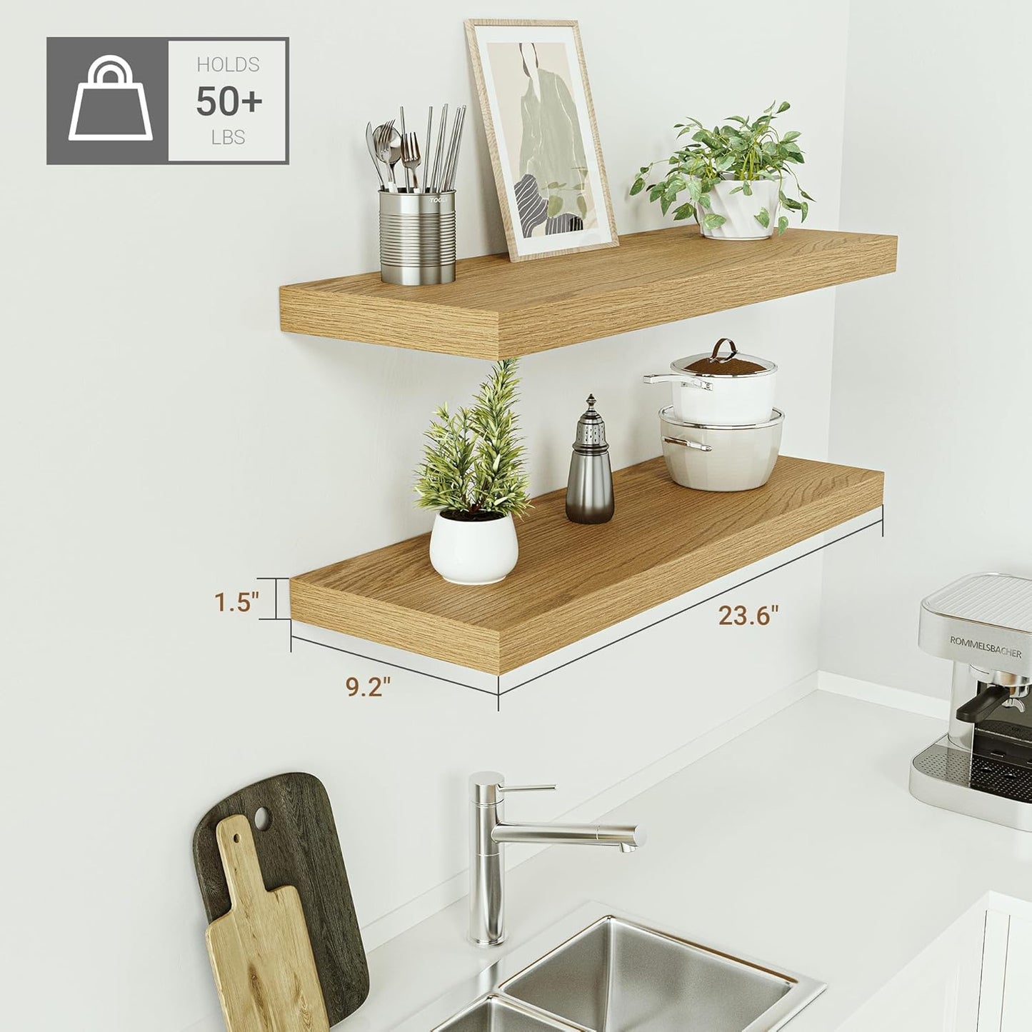 Vivelove Bathroom Floating Shelves for Wall 24 inchs Long, 9.2” deep x 1.6” Wall Shelf for Bedroom, Living Room, Kitchen, Office Home Decor, Deep Wood Shelves with Invisible Brackets, Set of 2, Oak