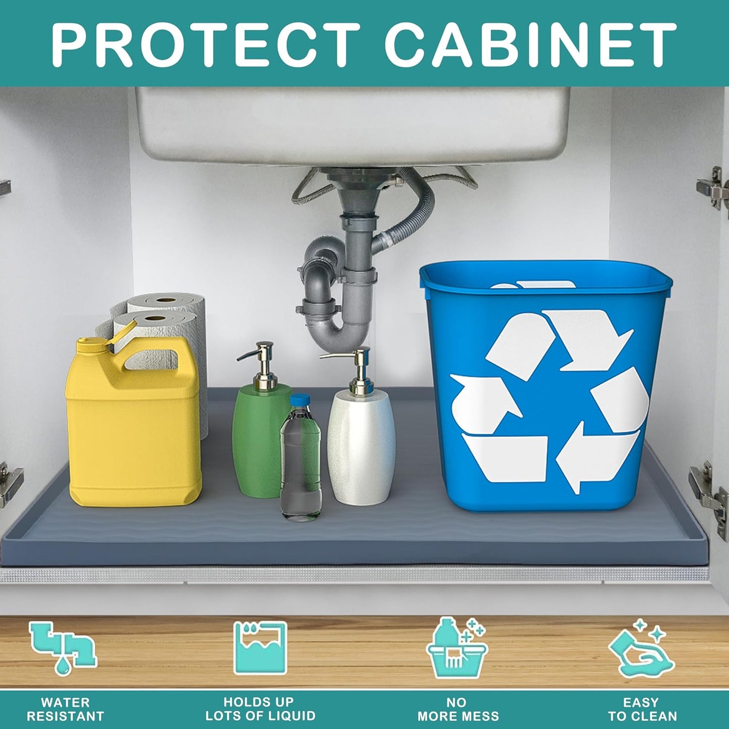 URMONA Waterproof Silicone Under Sink Mat 25'' x 19'' Shelf Liner for Kitchen and Bathroom, Cabinet and Counter Protector, Storage and Organizers, Litter Mat, Pet Cat Puppy Essentials(Dark Grey)