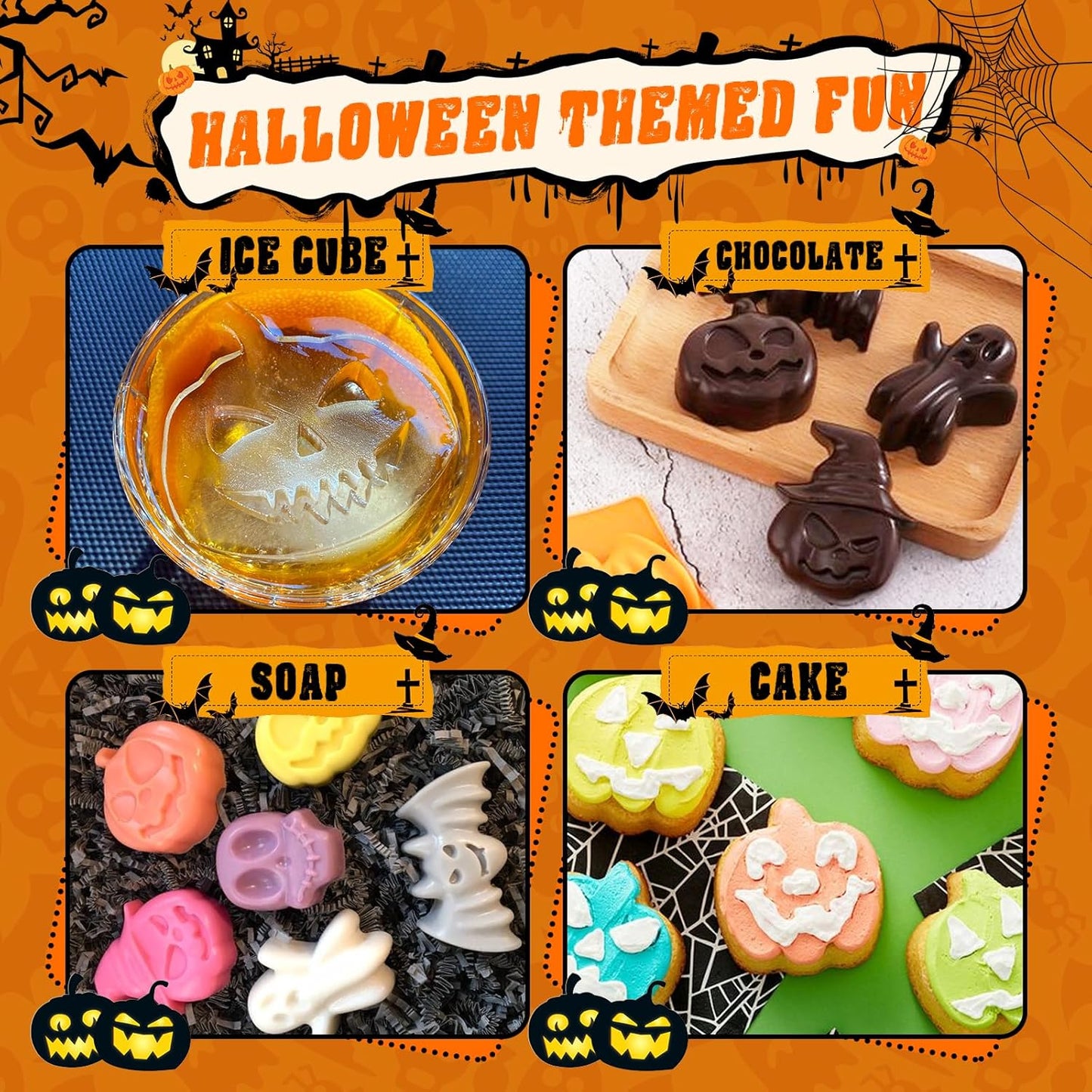 Halloween Silicone Molds Set 19 Shapes Large Baking Molds Pack of 4 Including Pumpkin Skull Ghost Bat Hat Spider Web House Molds, 3D Spooky Homemade Soap Candle Ice Pan Muffin Cupcake Moulds Oven Safe