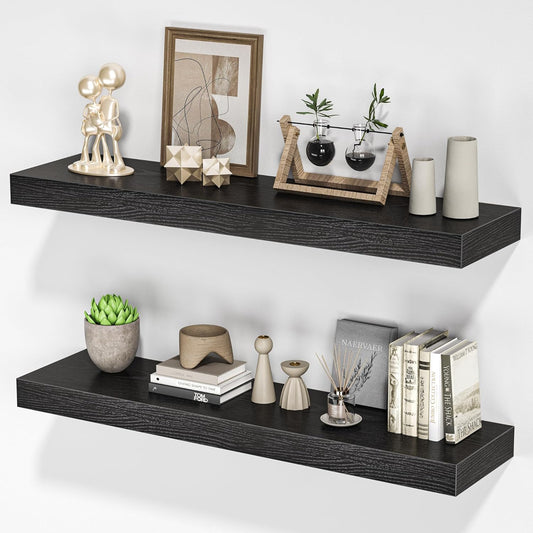 Floating Shelves for Wall, 31.5" W x 6.7" D x 1.5" H, Wooden Wall Mounted Display Shelves with Invisible Brackets for Living Room, Bedroom, Bathroom, Kitchen Decor and Storage, Set of 2, Black