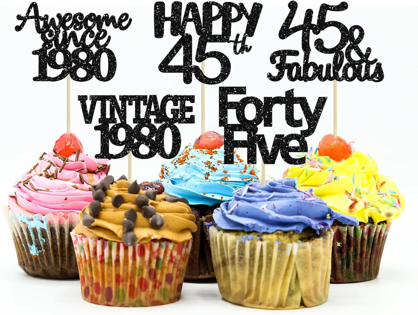 Gyufise 30 Pack Black Glitter 45th Birthday Cupcake Toppers Vintage 1980 Awesome Since 1980 45 Fabulous Cupcake Picks 45th Birthday Wedding Anniversary Party Cake Decorations Supplies