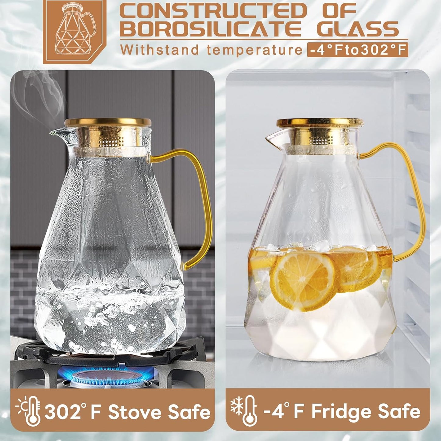 Yirilan Glass Pitcher, 2.4Liter Water Pitcher With Lid, Iced Tea Pitcher for Fridge, Glass Water Carafe With Lid, Glass Water Jug, Large Drink Pitcher For Juice, Milk, Cold Or Hot Beverages, 2400ML