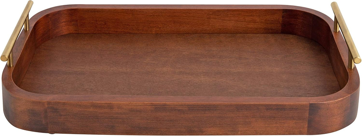 Kate and Laurel Lipton Mid-Century Rectangle Wood Tray, 10" x 18, Walnut Brown and Gold, Decorative Accent with Rounded Edges