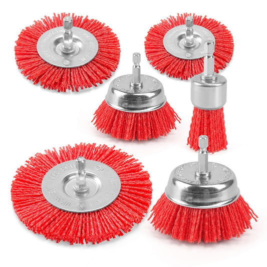 POLIWELL Nylon Abrasive Brush for Drill, 6 Pack Nylon Filament Wire Wheel & Cup Brush Set, 1/4 Inch Hex Shank, 3” and 2.6” Red Coarse Abrasive Bristle Drill Brushes for Paint, Corrosion, Rust Removal
