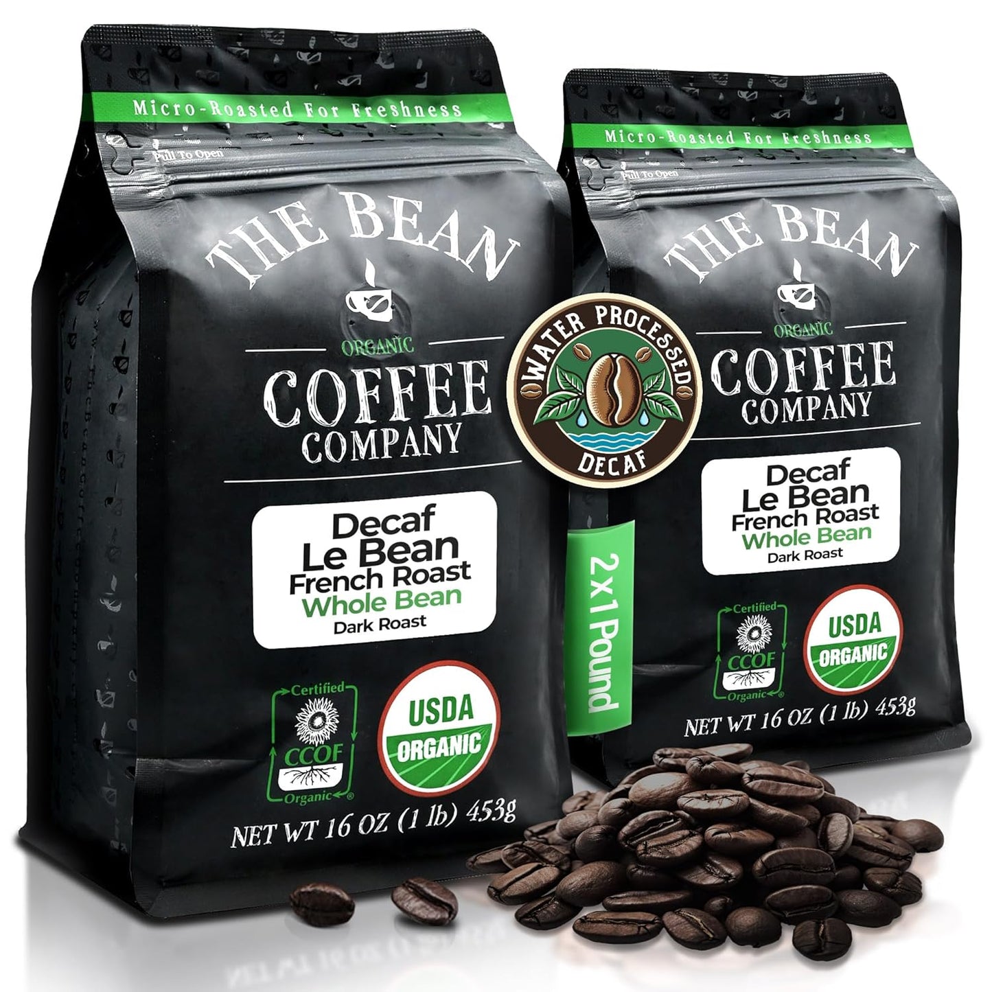The Bean Organic Coffee Company Water Processed DECAF Le Bean, Dark French Roast, Whole Bean Coffee, 16-Ounce Bags (Pack of 2)