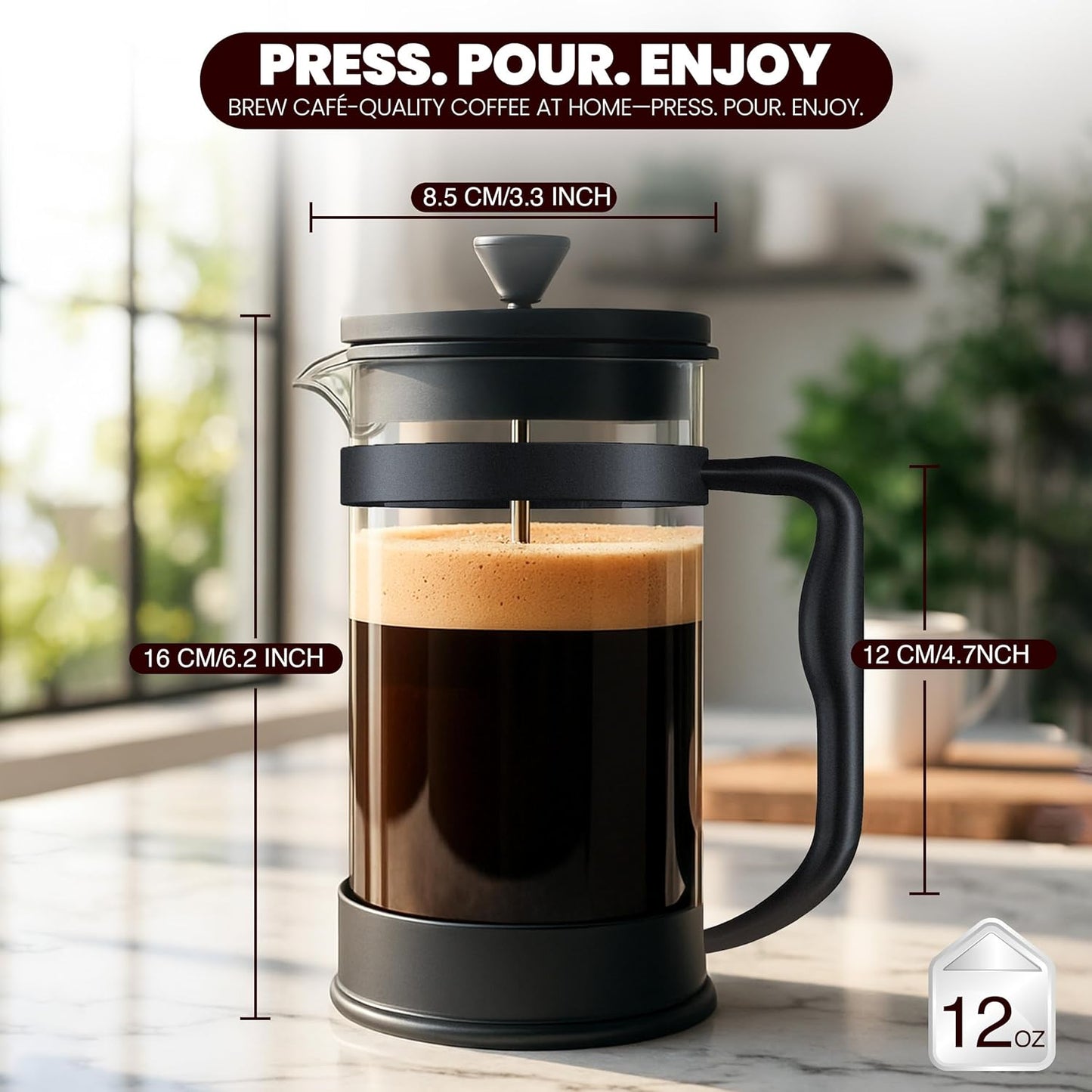 Utopia Kitchen 12 Ounce 0.35 Liter French Press Coffee Maker, Tea Maker, Travel Coffee Presses, Heat Resistant Thickened Borosilicate Coffee Pot for Camping Travel Gifts, Black Pack of 1