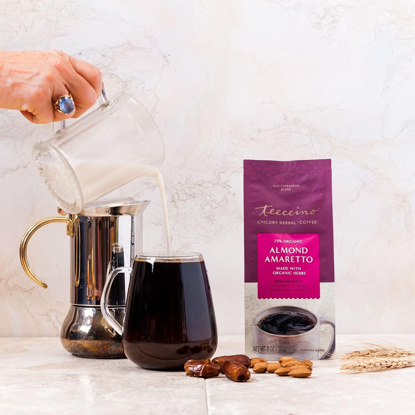 Teeccino Almond Amaretto Chicory Coffee Alternative - 11 Ounce - Ground Herbal Coffee That’s Prebiotic, Caffeine Free & Acid Free, Medium Roast