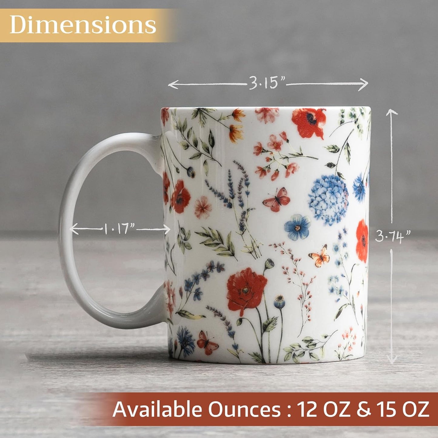 Maison d' Hermine Coffee Mug with Handles Fine Bone China Mugs Pack of Two Tea Cups for Hot Beverages Cappuccino Latte Home Restaurant Office Perfect for Gift (Just Floral, 12 Ounce)