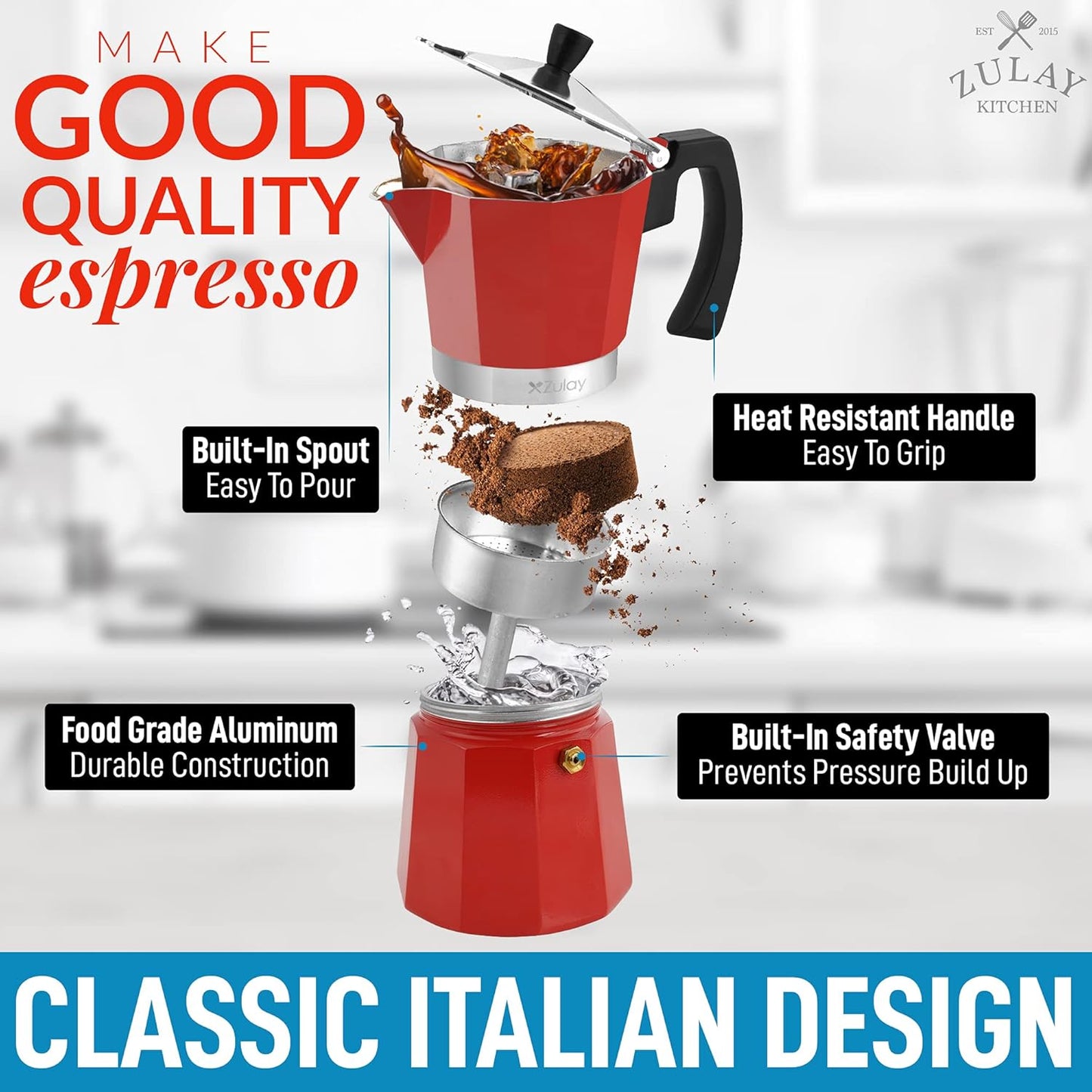 Zulay Classic Italian Style 6 Espresso Cup Moka Pot, Stovetop Espresso Maker for Great Flavored, Makes Delicious Coffee, Easy to Operate & Quick Cleanup Pot (Red)