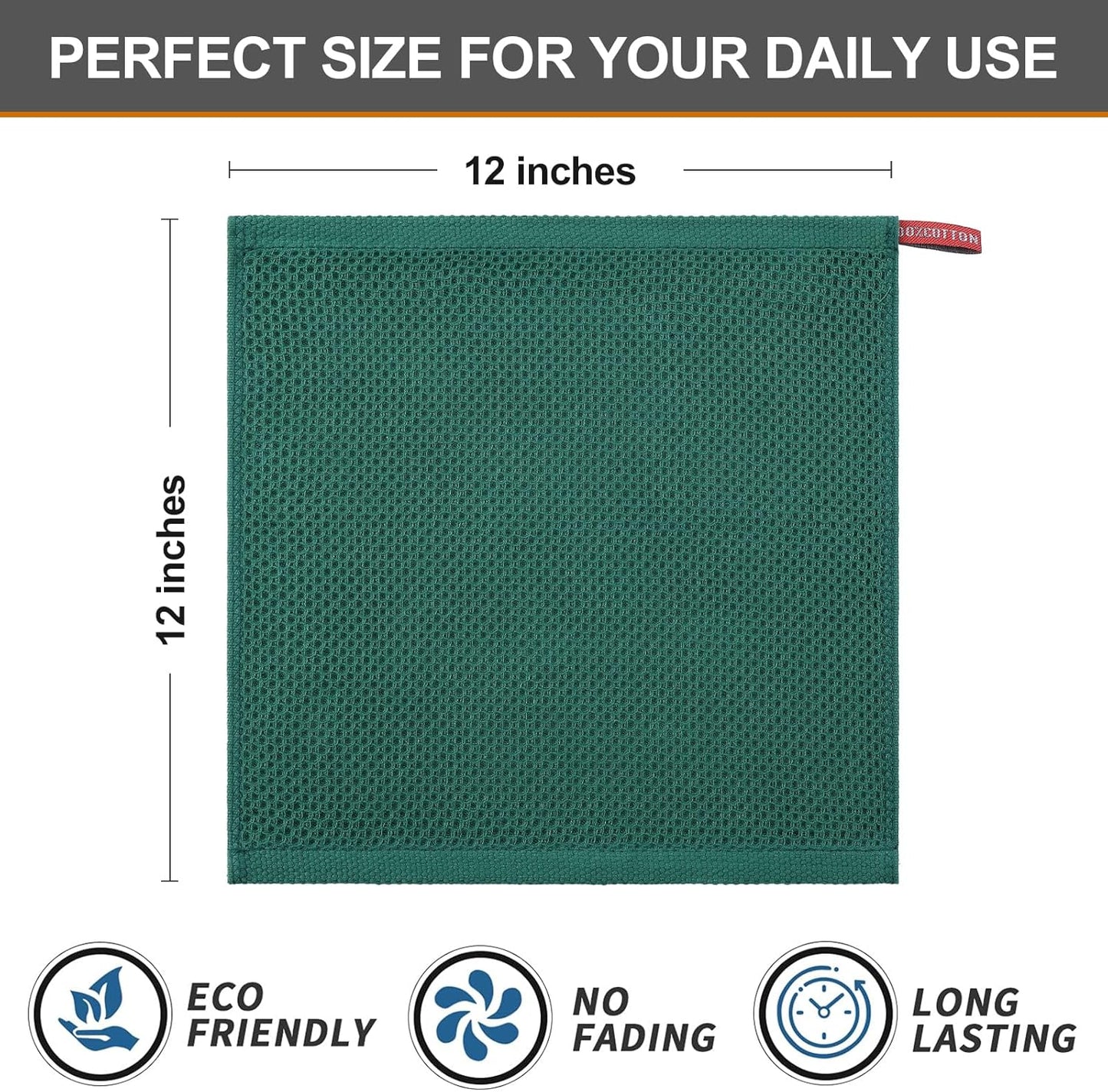 Kitinjoy 100% Cotton Kitchen Dish Cloths, 12 Pack Waffle Weave Ultra Soft Absorbent Dish Towels for Drying Dishes Quick Drying Kitchen Towels Dish Rags, 12 X 12Inch, Dark Green