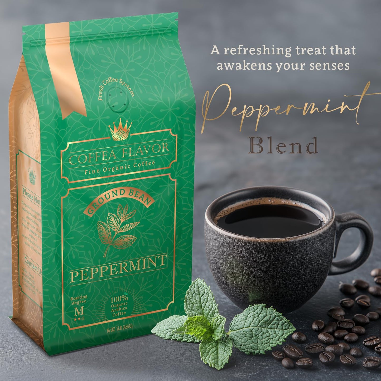 Flavored Ground Coffee – Peppermint, 100% Arabica, Single Origin, Medium Roast, USDA Organic, Naturally mint Flavored – by Coffea Flavor