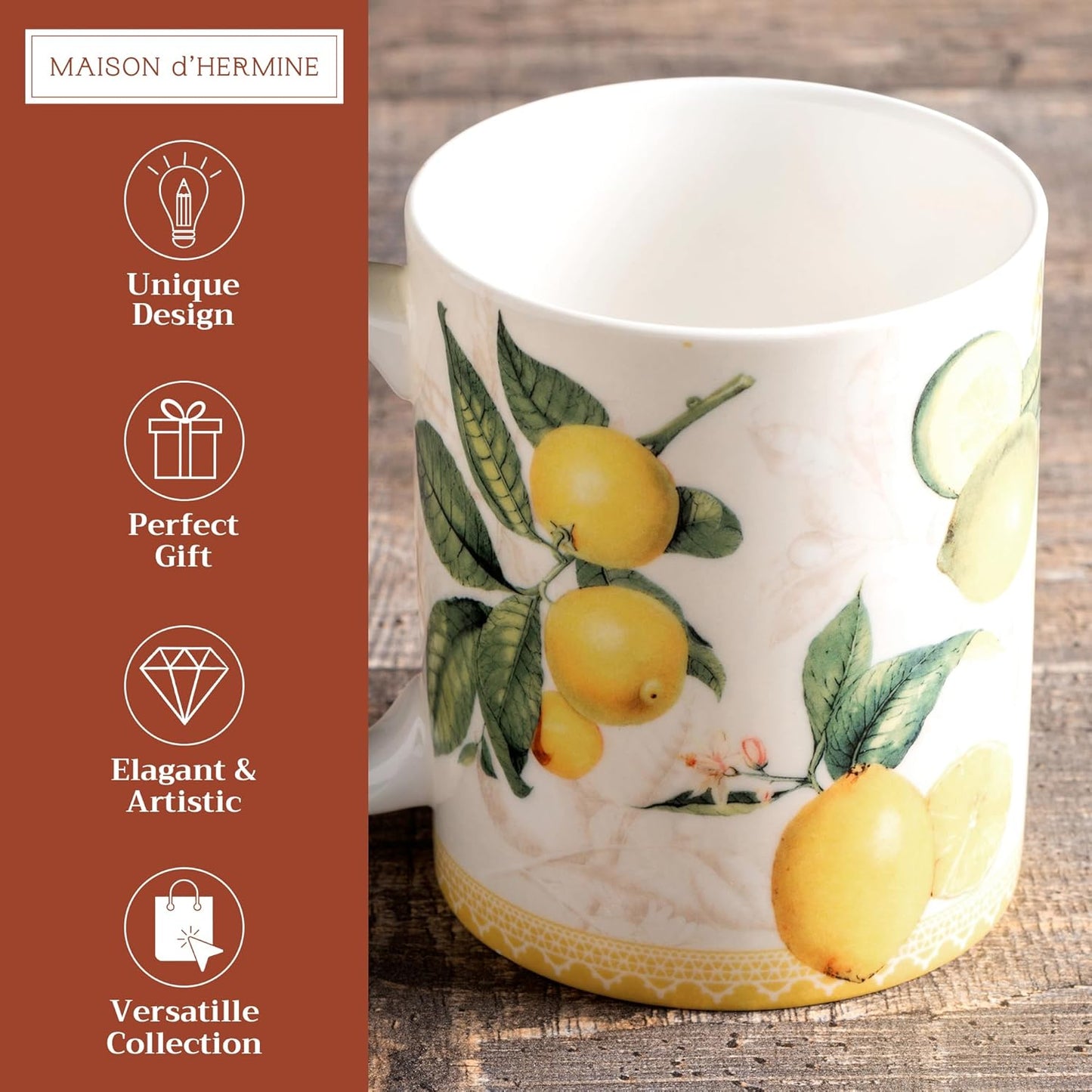 Maison d' Hermine Coffee Mug with Handles Fine Bone China Mugs Pack of One Tea Cups for Hot Beverages Cappuccino Latte Home Restaurant Office Perfect for Gift (Limoncello - Verna, 12 Ounce)