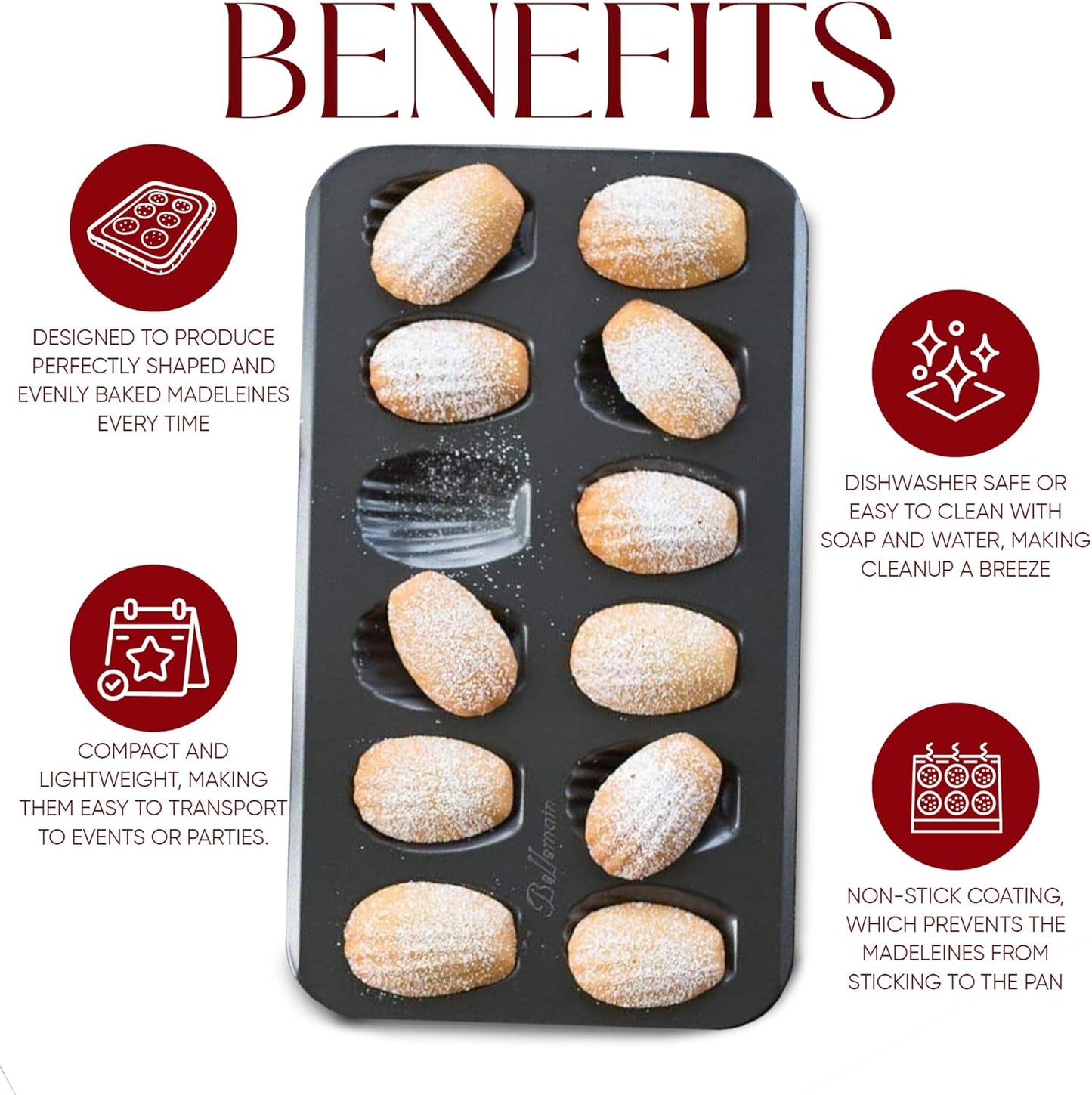 Bellemain Madeleine Pan | 12-Well Madeleine Mold Makes 12 Madeleine Cookies | Nonstick Tea Cake Pan for Madeleines, Cakelet Pan | Warp-Resistant Carbon Steel Madeline Pans (2-Pack)