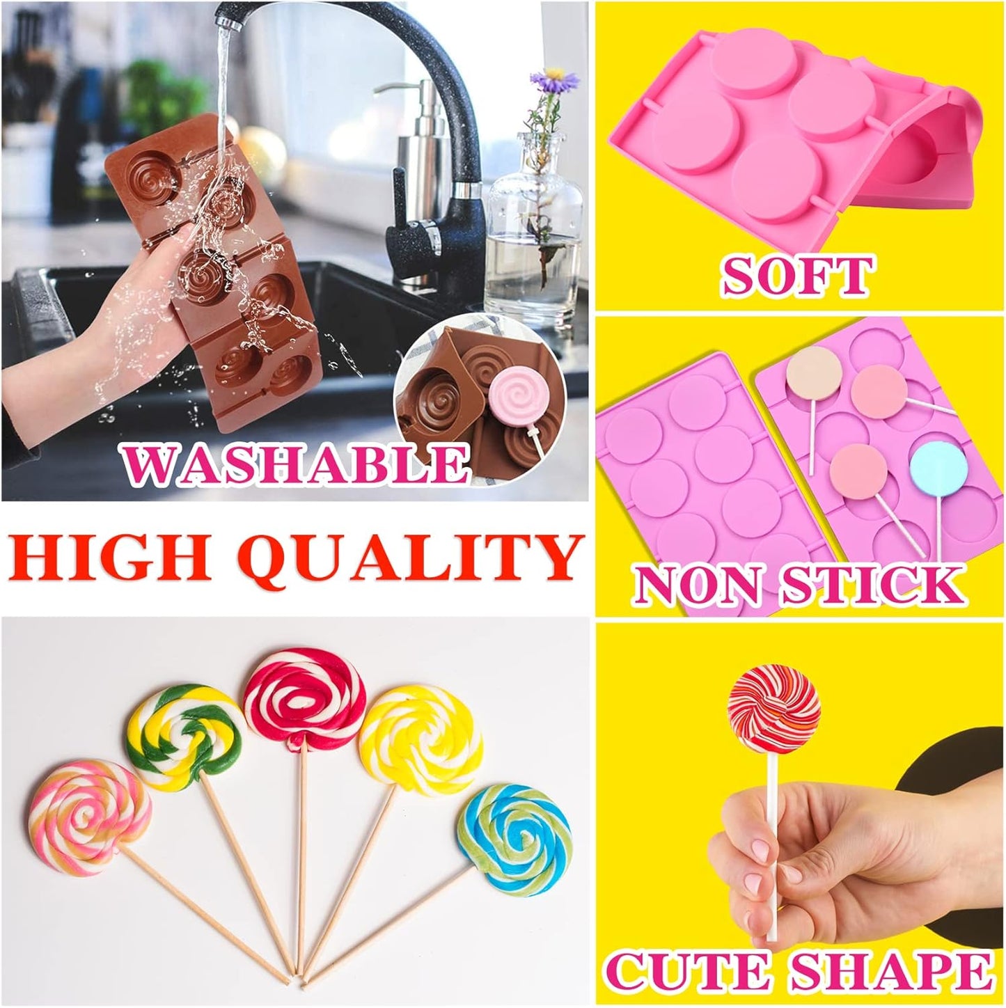 Silicone Lollipop Molds Candy Molds Silicone Sucker Molds Hard Candy Mold & 2x8 Rounds Nonstick Lollipop Mold With 20 Sticks for Candies,Bread,Jellies,Chocolate,Etc