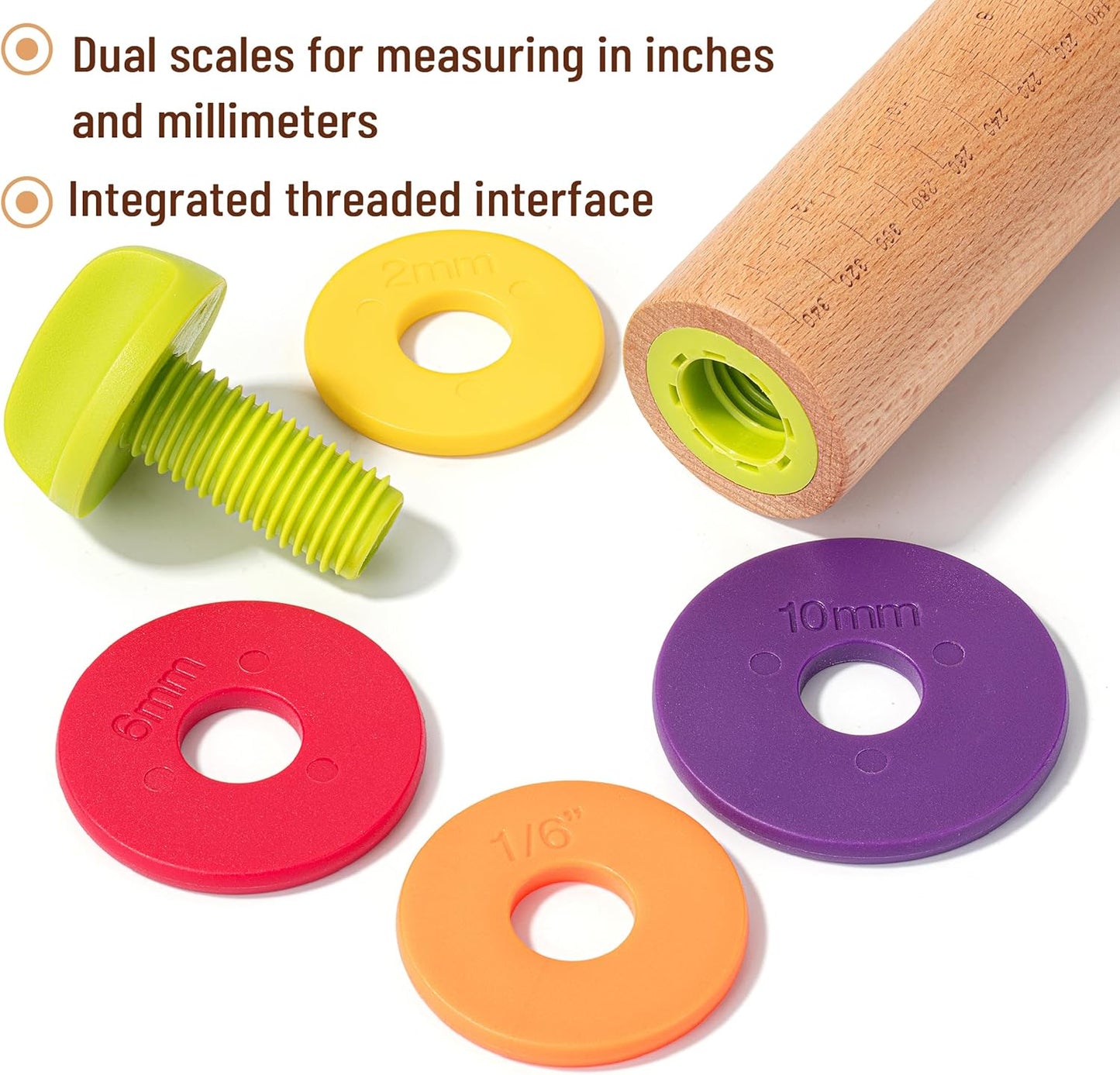 Bamboo Land- Adjustable Rolling Pin with Thickness Rings for Baking, 13.8", 4 Colorful Thickness Rings (2-10 mm or 1/16"-3/8"), Wood Rolling Pins for Baking, Bread, Pizza & Cookie Doughs