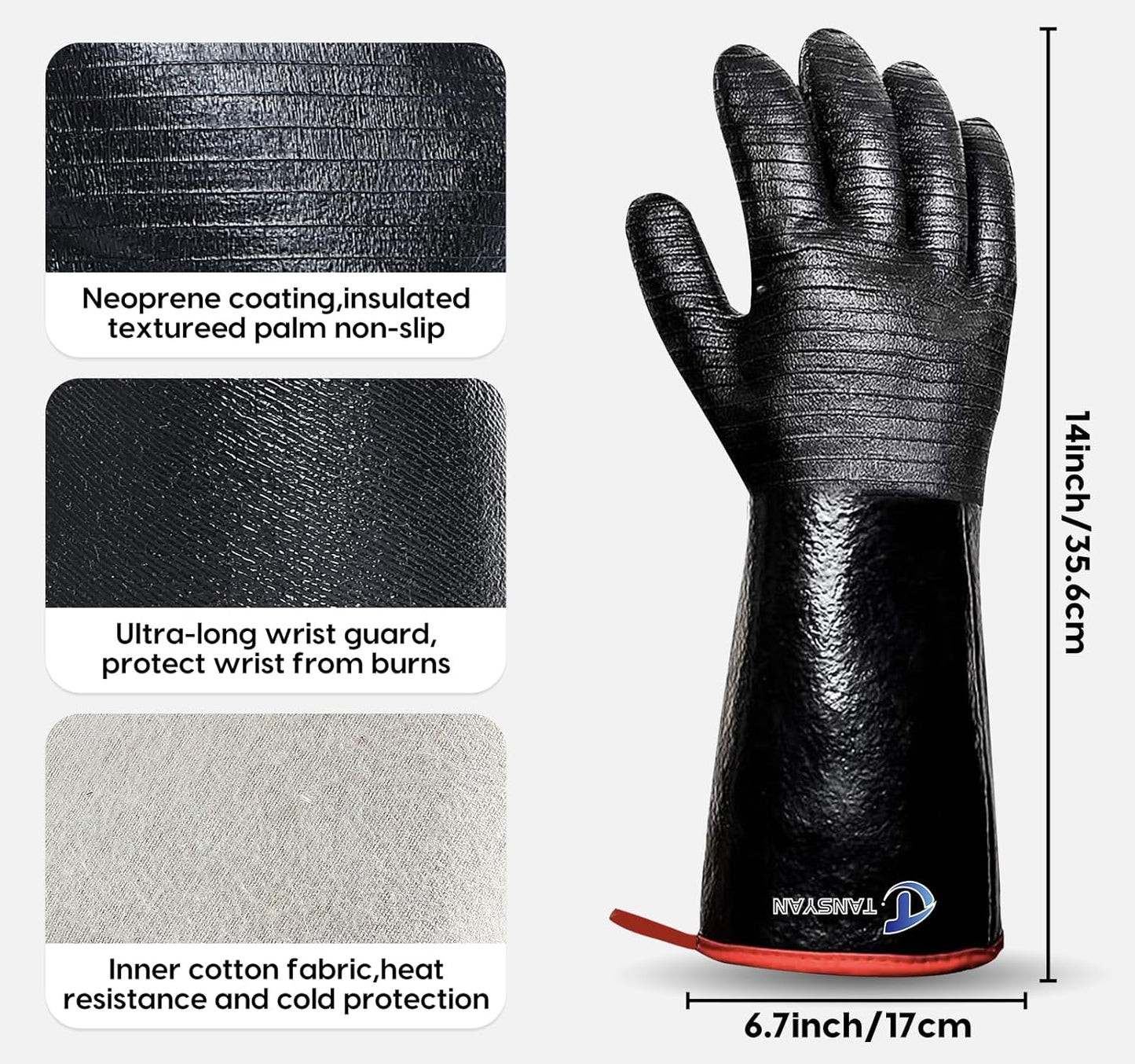 932°F Extreme Heat Resistant Gloves for Tansyan Grill BBQ, Waterproof Long Sleeve Pit Grill Gloves for Fryer, Baking, Oven,Smoker,Fireproof, Oil Resistant Neoprene Coating（14-Inch ）