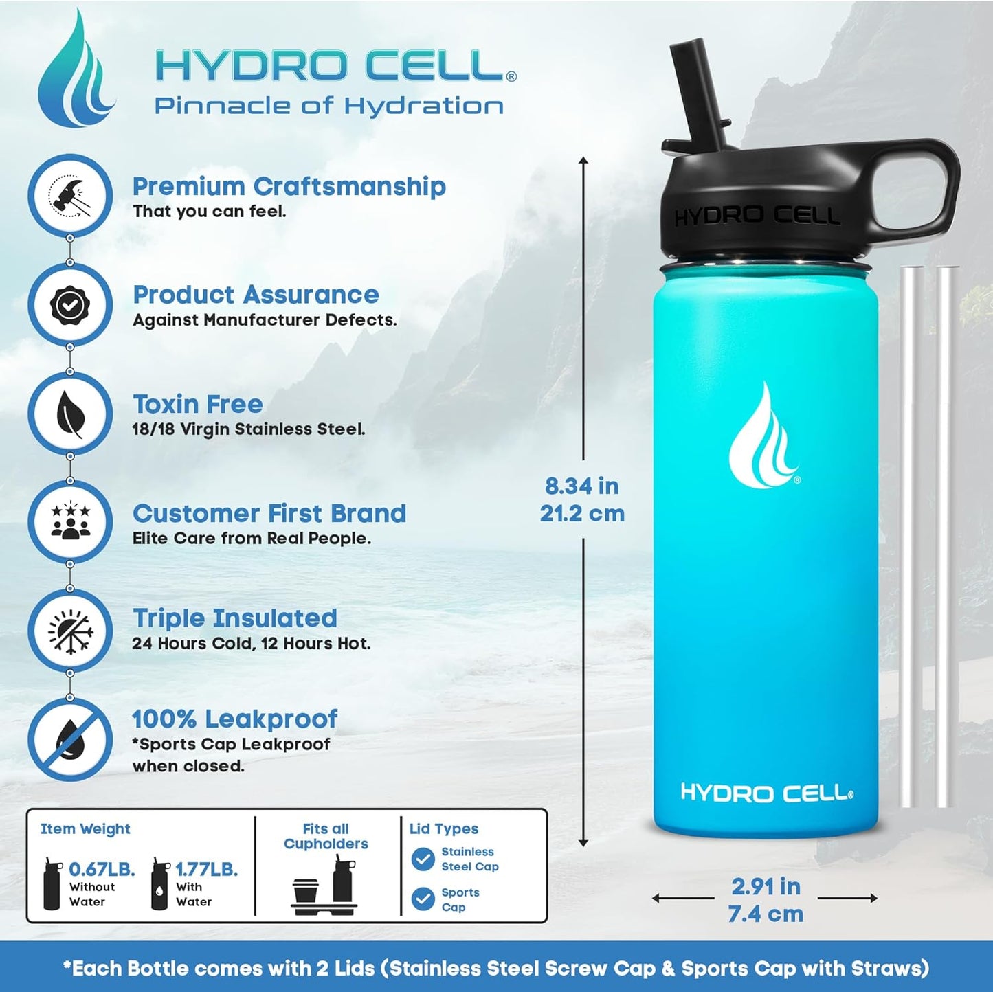 HYDRO CELL Stainless Steel Insulated Water Bottle with Straw - For Cold & Hot Drinks - Metal Vacuum Flask with Screw Cap and Modern Leakproof Sport Thermos for Adults (Teal/Blue 18oz)